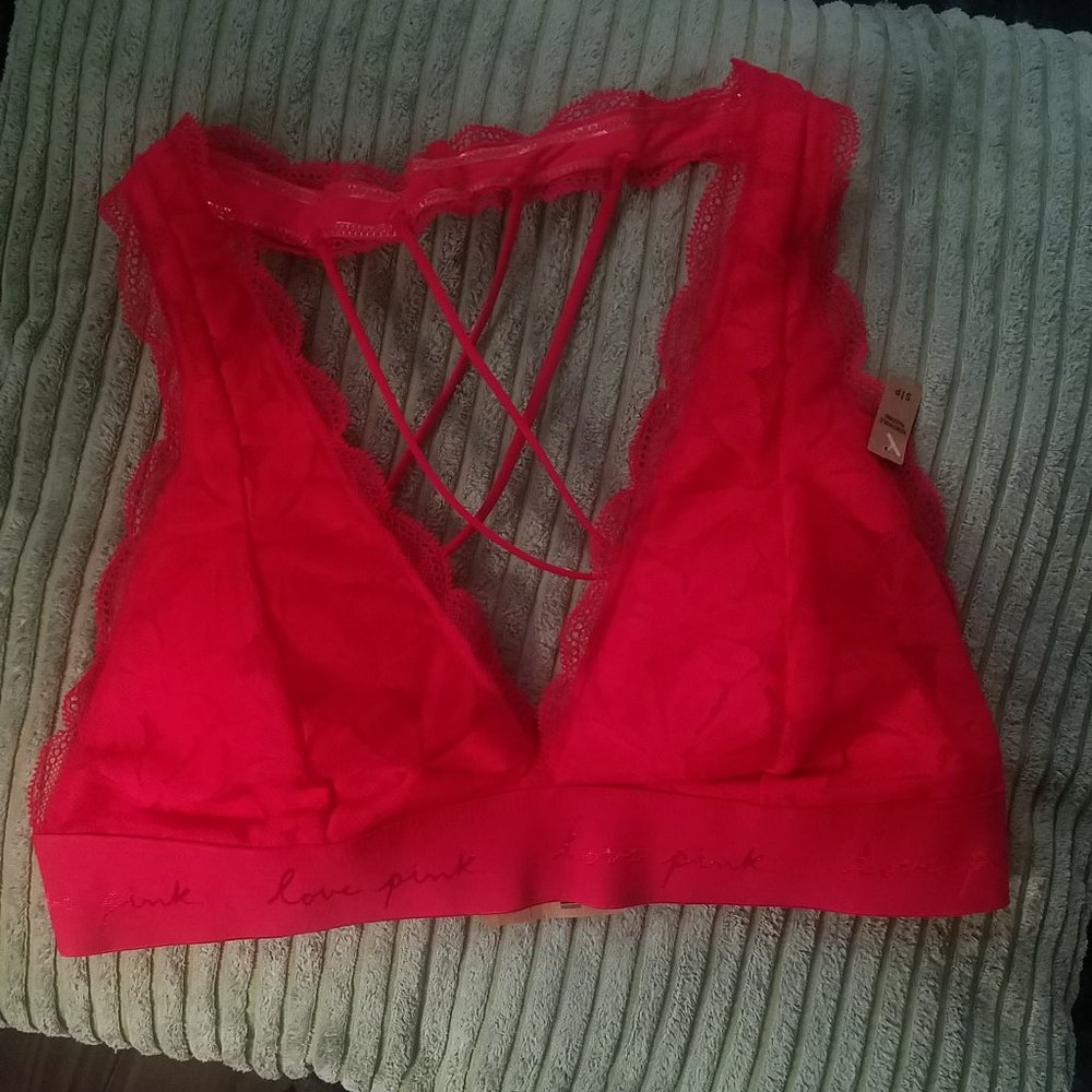 NWT RED LACE TRIANGLE BRALLETE VICTORIA'S SECRET PINK - Picture 1 of 6